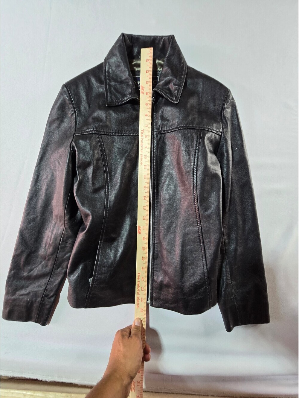 Saguaro Vintage Black Leather Jacket - Full Zip, Pointed Collar - Size S